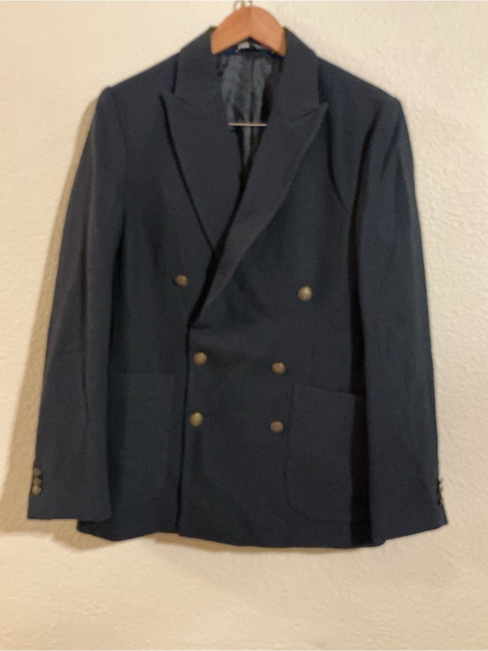 Zara Men's Double-Breasted Navy Blazer with Gold Buttons